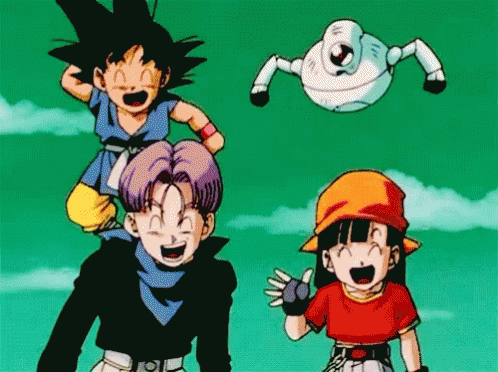 A gif of Goku, Trunks, and Pan laughing at the viewer.